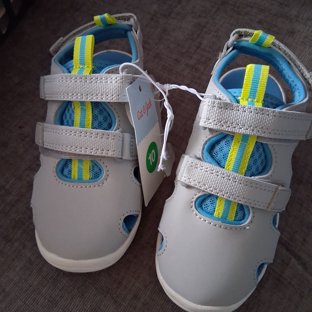 Cat & Jack White and Blue Kids Sandals with Yellow Stripes